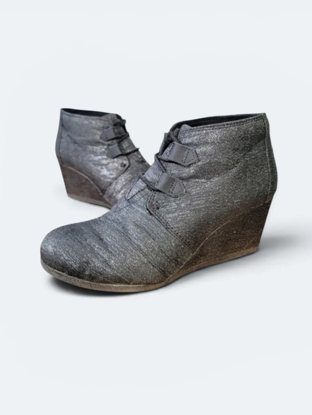 Toms Kala Black Sparkle Lace Up Wedge Booties Size 8